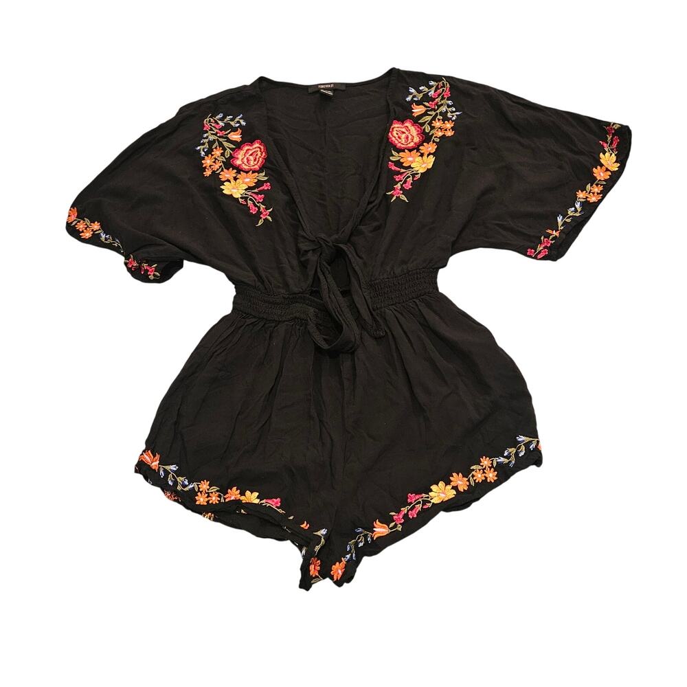 Forever 21 Black Floral Embroidered Romper Tie Front Boho Festival Small